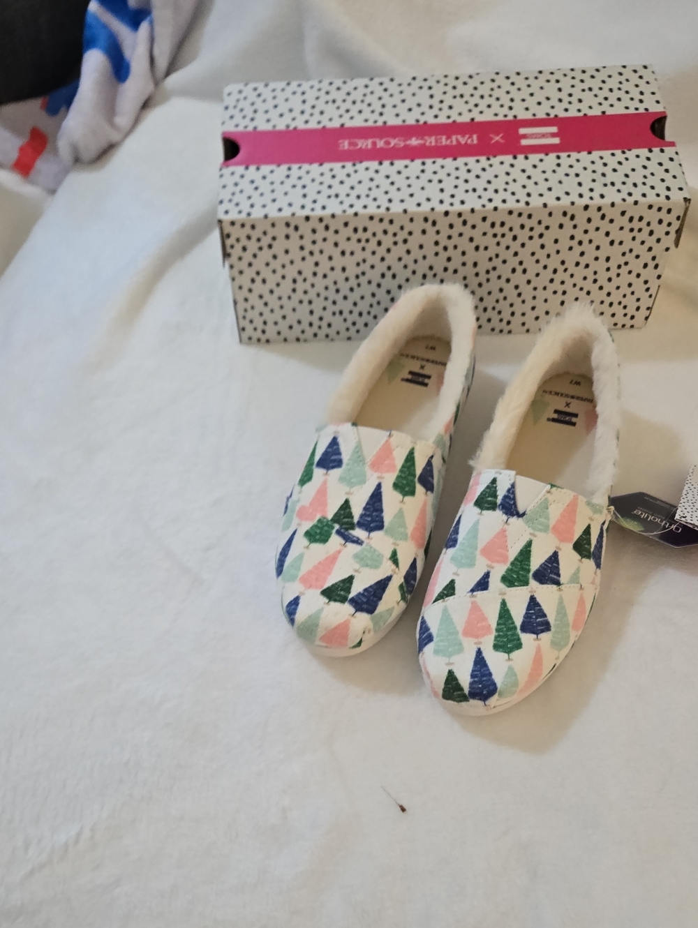 Toms Slip-On Flats in White with Blue, Green, and Pink Tree Motif